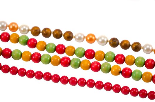Pearl and colorful wooden beads jewelry chain closeup isolated on white background.