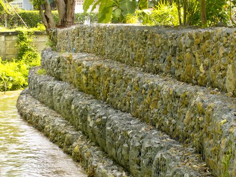 Gabion wall beside stream