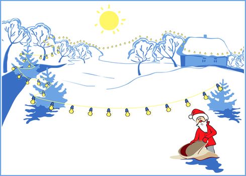 Santa Claus with empty bag on snow-covered countryside in New Year's winter day