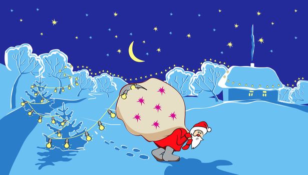 Santa Claus with big bag goes on snow-covered countryside in New Year's winter night