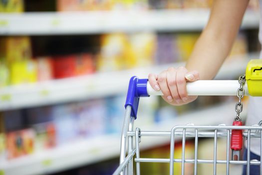 Woman with shopping cart, close up