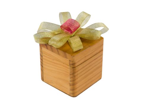 golden  bow and  wooden box on white background