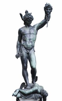 Famous bronze statue of Perseus holding head of Medusa by Benvenuto Cellini is standing on Loggia dei Lanzi, Florence, Italy. Isolated on white