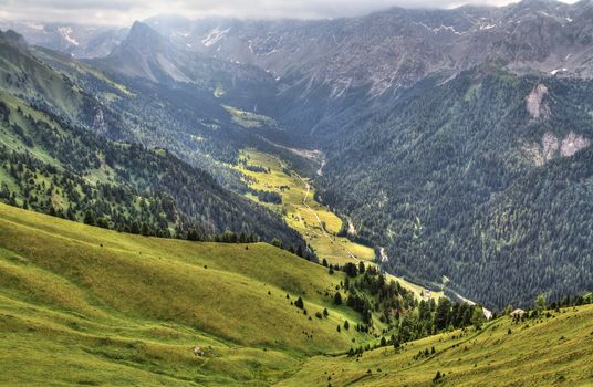 aerial view of a small valley in Italian Dolomites. Photo processed with HDR technique