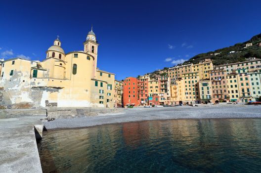 church and seaside in Camogli, famous small town in Liguria, Italy