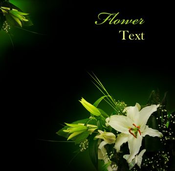 bouquet of lilies and green leaves over black with copyspace