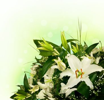 bouquet of lilies and green leaves with copyspace