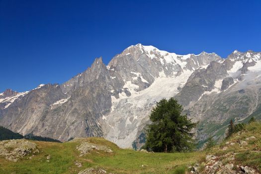 summer view Mont Blanc from Ferret valley, Courmayeur, Italy
