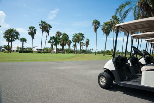 Golf carts standing on side of golf course.