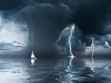 Yacht at the ocean, comes nearer a thunderstorm with rain and lightning on background