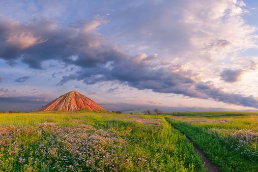 Summer landscape with road in meadow and beautiful sky