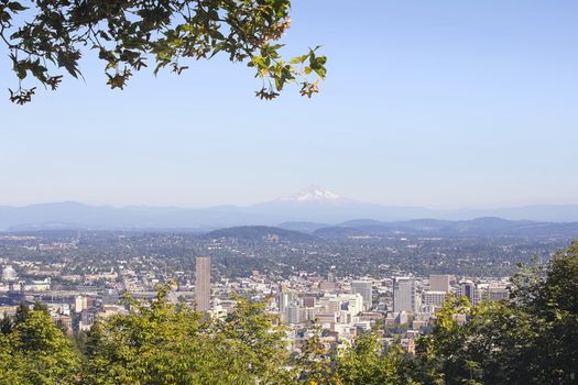 Portland Oregon Downtown Cityscape and Landscape with Mount Hood and Trees