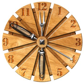 Wooden cutting board clock lunch time concept
