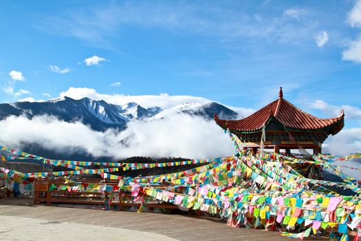 Colorful prayer flags and clear blue sky