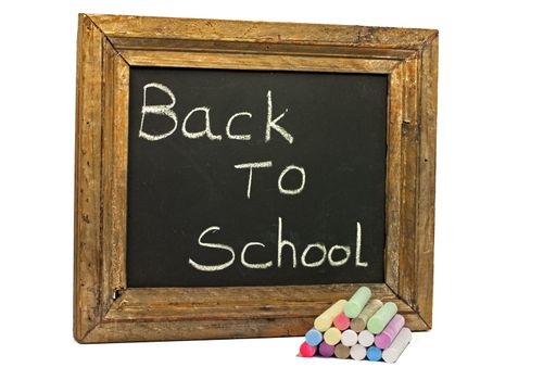 school chark and blackboard with text back to school