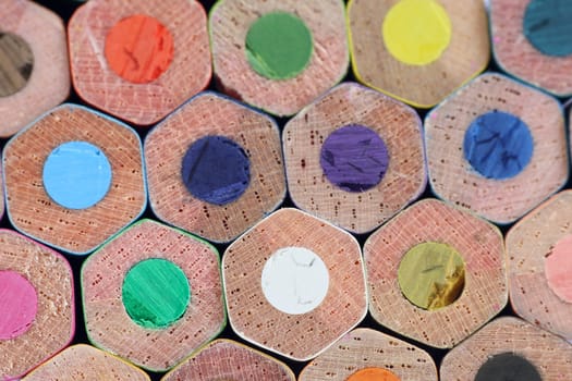 An extreme macro view of colour pencils arranged in a row