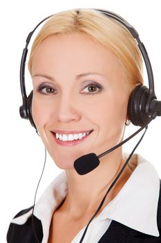 Cheerful call center operator against white background