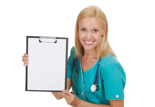 Woman doctor showing clipboard with copy space for your text or design