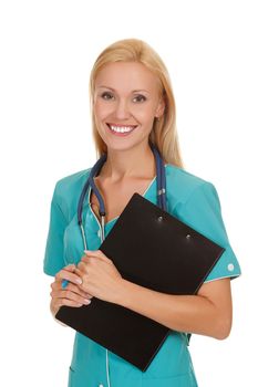 Smiling medical doctor woman with stethoscope and clipboard. Isolated over white background.
