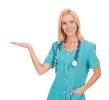 female doctor holding something on her hand, white background