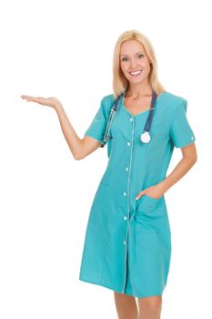 female doctor holding something on her hand, white background