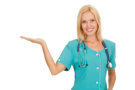 female doctor holding something on her hand, white background