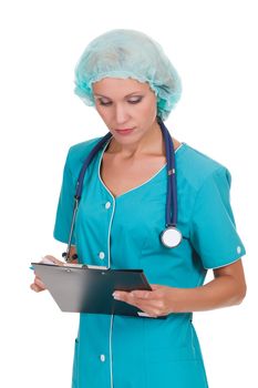 female doctor holding a clipboard and reading, white background