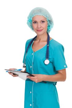 medical doctor woman with stethoscope and clipboard. Isolated over white background