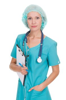medical doctor woman with stethoscope and clipboard. Isolated over white background
