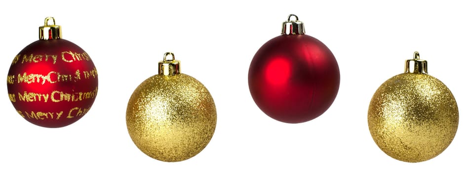 Four red and gold christmas baubles in a row