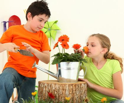 Nine Year Old Boy and Girl Working Together in Garden Over White Background