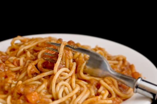 Spaghetti in tomato sauce on a white plate, shallow depth of field.