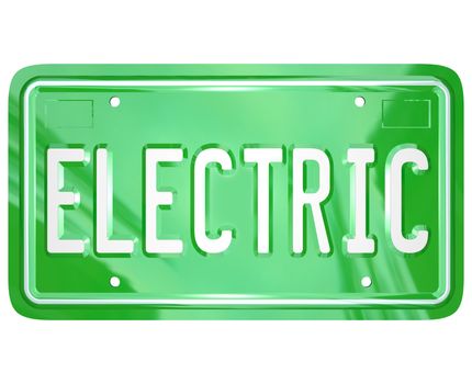 The word Electric on a green metal license plate for a car, automobile or other vehicle that uses alternative fuel or energy to save the environment through reduction of carbon gas emissions