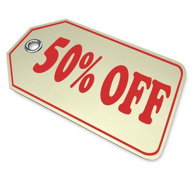 The number and word 50% percent off, for a special sale or discount clearance event for saving money when buying a product or service at a store or website