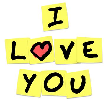 The words I Love You written on yellow sticky notes to share emotions, with an affectionate message of passion 