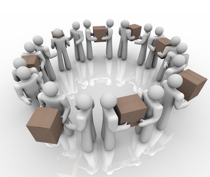 A team of people working in a circle process or system to deliver boxes and packages in a shipping and receiving department