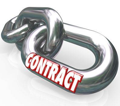 The word Contract on a metal chain link connected to other chains and links to symbolize an agreement,  legally binding promise or guarantee between two parties