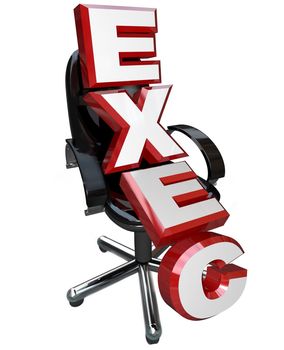 A black leather office chair with the letters of the word Exec standing for Executive, meaning this position is for the top leader, director, president, manager, supervisor, boss or head honcho