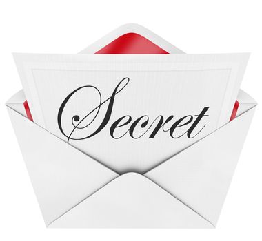 An envelope revealing a note with the handwritten cursive word Secret, inviting you to a private, exclusive, confidential, classified affair or piece of information