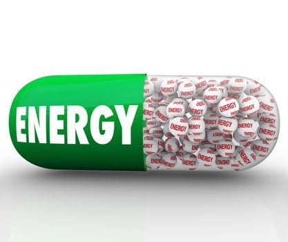 A green capsule pill with the word Energy to serve as a vitamin or supplement offering instant reinvigoration, energizing, strength and vitality