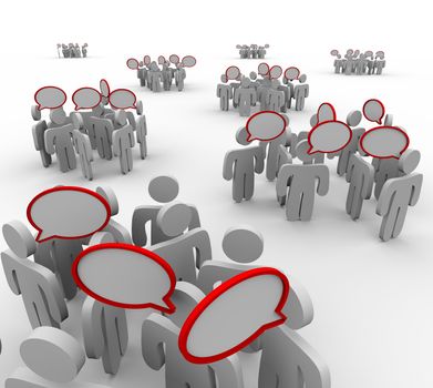 Several groups of people having different conversations with speech bubbles representing talking, sharing information and communication