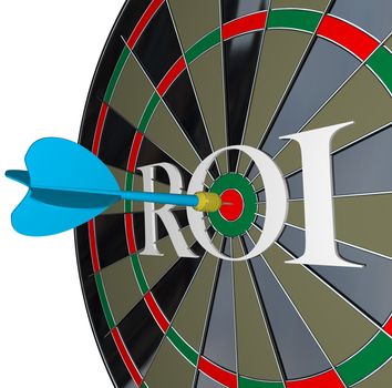 The letters ROI on a dartboard symbolizing return on investment and the profits and gains you can get from investing in stocks or saving your money with interest