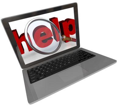 The word help under a magnifying glass on the screen or monitor of a sleek silver laptop computer, symbolizing the search for answers or support on the Internet world wide web