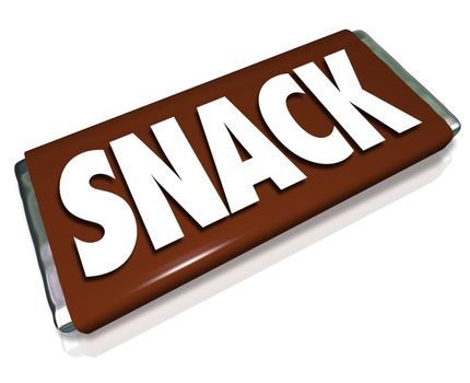 A brown chocolate candy bar wrapper with the word Snack illustrating junk food, high-calorie snacks to avoid if dieting, and unhealthy eating