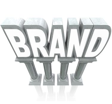 The word Brand standing high on marble columns, elevated as the top product or company compared to others in a marketplace, with great reputation, awareness, identity and loyalty