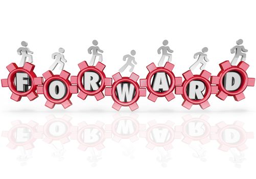 A team of people walking on gears featuring letters from the word Forward, marching to the future to achieve growth and success