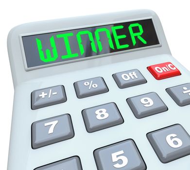The word Winner on a calculator display in digital letters, representing a windfall of money, high amount of tax refund, great savings, or other positive financial or budget matter