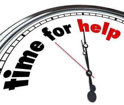 The words Time to Help on a white clock face to tell people it is time to give to a charity, volunteer to a worthy cause or come to the aid of others