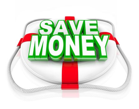 A white life preserver with the words Save Money on it, symbolizing a budget rescue in the form of money saving offers or deals at a store sale or clearance event