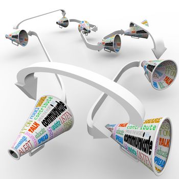 A network of connected megaphones or bullhorns spreading the word and sharing information of an important announcement, rumor or other vital message